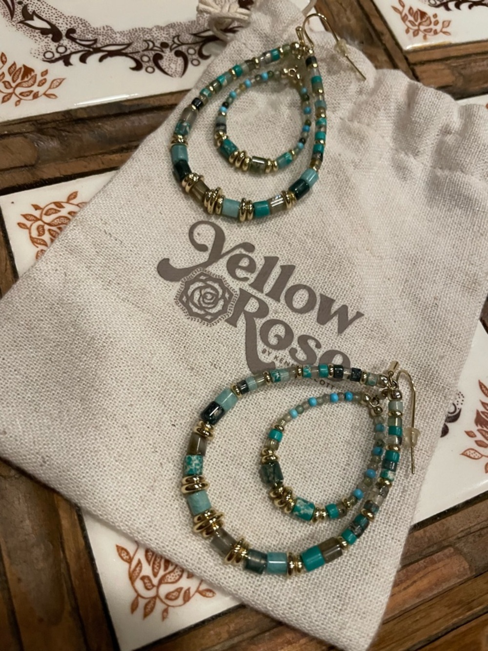 Kendra Scott Beaded Rumer Turquoise and Gold Beaded Hoop Earrings